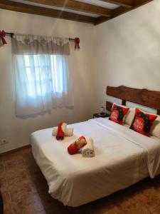 圣巴托洛梅CASA PABLITO的一间卧室配有两张带红色枕头的床和窗户。