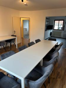 a conference room with a white table and chairs at Bavaria Home Apartments in Rohrbach