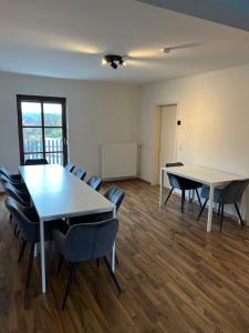 an empty room with two tables and chairs in it at Bavaria Home Apartments in Rohrbach