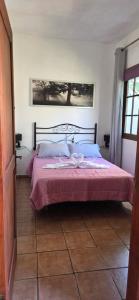 Un dormitorio con una cama con una manta rosa. en Casas Rurales Pie de la Cuesta1, en Vallehermoso