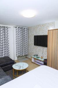 un salon avec un canapé et une télévision dans l'établissement Kasarani Studio Apartment, à Nairobi
