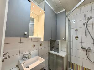 a bathroom with a sink and a shower and a mirror at Stylish Apartment near Airport in Schwechat