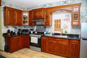 a kitchen with wooden cabinets and a sink and a refrigerator at Casa Naranja in Ciudad Fernández