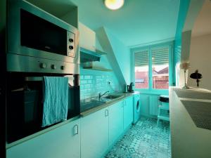 - une cuisine bleue avec évier et four micro-ondes dans l'établissement Baroquissime, à Dunkerque 30 autres photos