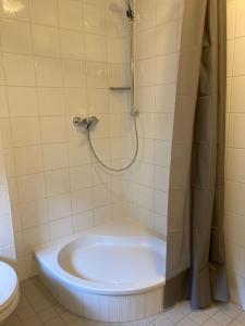 een badkamer met een douche, een bad en een toilet bij Monteur- oder Wandererwohnung im Hildesheimer Wald in Diekholzen
