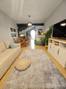 a living room with a couch and a flat screen tv at Brand New Townhouse with hotel infrastructure in Paphos