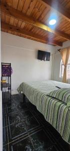 een slaapkamer met een bed en een tv aan de muur bij Cabaña pet friendly el quisco in El Quisco