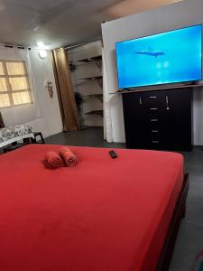 una camera con letto rosso e TV a schermo piatto di M&M moanatea lodge a Rangiroa