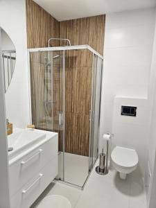 un bagno bianco con doccia e WC di Apartament Dobra Nocka 2 a Przeworsk