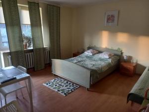 a bedroom with a bed and a table and windows at Owocowa Chojnata in Chojnata
