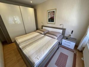 ein Schlafzimmer mit einem großen Bett in einem Zimmer in der Unterkunft Dahlke with fireplace and sauna in Kleinweidelbach