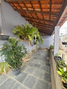 eine Terrasse mit Topfpflanzen und einer Holzdecke in der Unterkunft Casa da lagoa in São Pedro da Aldeia