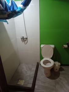 ein Badezimmer mit einem WC und einer grünen Wand in der Unterkunft La viuda del diablo cabañas in Punta Del Diablo