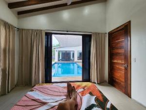 eine Person, die auf einem Bett liegt und aus einem Fenster schaut in der Unterkunft Sunset Oasis Waterfront in Maya Beach