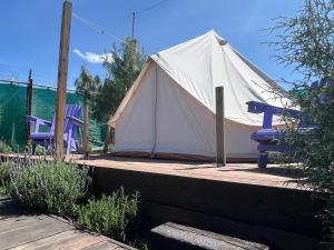 Texcoco de MoraにあるGlamping Rincón de Lavandaのデッキの上の白いテントと椅子