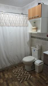 une salle de bain avec toilettes et rideau de douche dans l'établissement Casa en el quisco 10 personas con piscina, à El Quisco