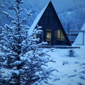 a small cabin in the snow with a tree at Green Villa Resort Small Gray in Dilijan +9 photos