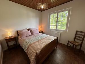 een slaapkamer met een bed, een raam en een stoel bij Le gite grues cendrees in Arjuzanx