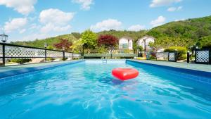 ein Schwimmbad mit einem roten Ball im Wasser in der Unterkunft Samcheok Duelkkot Pension in Samcheok