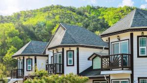 eine Gruppe von Häusern mit einem Berg im Hintergrund in der Unterkunft Samcheok Duelkkot Pension in Samcheok + 1 Foto