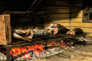 un tacchino è adagiato su una griglia sopra il fuoco di Mirsini Studios a Parasporos