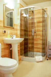 Karle Hotel Guest House في Vitrupe: حمام مع دش ومغسلة ومرحاض