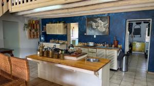 a kitchen with blue walls and a wooden counter top at Farm Vibes Guest House in Brits