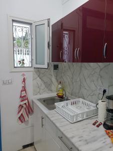 eine Küchentheke mit Spüle und Fenster in der Unterkunft La coquette de sidi bousaid in Sidi Bou Saïd