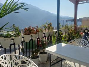 een tafel en stoelen met potplanten op een balkon bij The JRS Hotel in Rishīkesh