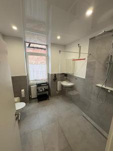 un ampio bagno con lavandino e servizi igienici di Central City Apartment Mozart a Kaiserslautern