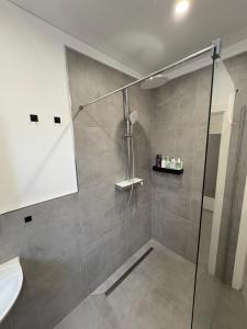 una doccia con una porta in vetro in un bagno di Central City Apartment Mozart a Kaiserslautern Altre 19 foto