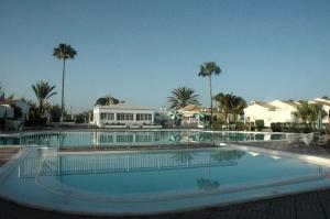 una gran piscina con palmeras y un edificio en Bungalows Campo Golf, en Maspalomas