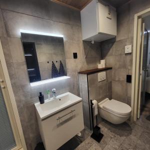 Et badeværelse på Cozy studio with a wood burning sauna