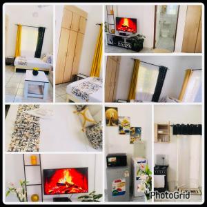 een collage van foto's van een woonkamer met een open haard bij Tash Studios in Diani Beach