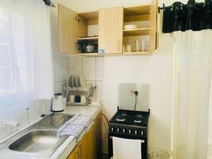 een kleine keuken met een fornuis en een spoelbak bij Tash Studios in Diani Beach