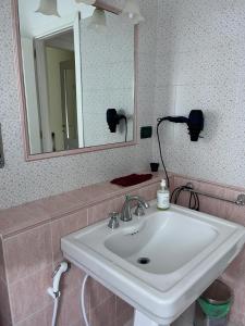 a bathroom with a sink and a mirror at appartamentoviaguedoz in Aosta
