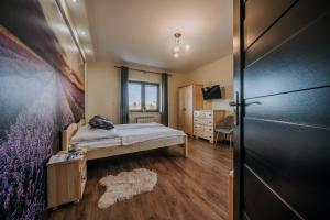 a bedroom with a bed and a window and a door at Willa Sulejowka in Poronin