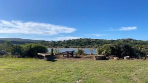 a picnic table in a field next to a lake at Sundays River Adventures Tiny Homes in Gqeberha