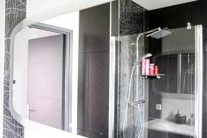 a bathroom with a shower and a mirror at FAA'mily Home, 3 bedrooms, meublé de tourisme 4 étoiles in Offemont +26 photos