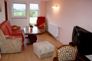 a living room with two chairs and a table and a tv at Ferienwohnung Schuhmacher in Donaueschingen