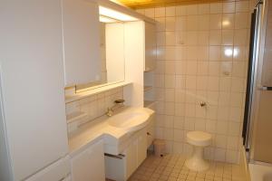 a white bathroom with a sink and a toilet at Ferienwohnung Schuhmacher in Donaueschingen +4 photos