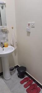 a bathroom with a sink and a red rug on the floor at Maple Lane Stays in Nakuru +7 photos