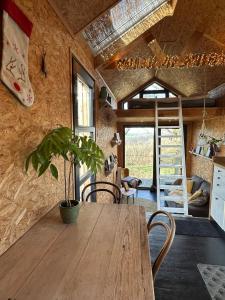 a dining room with a wooden table and a potted plant at Domaine de Hurlevent - Tiny House petite maison écologique in Aywaille