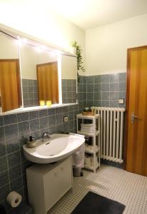 een badkamer met een wastafel, een spiegel en een radiator bij Panoramablick vom Rodenberg in Rodenberg +6 foto's