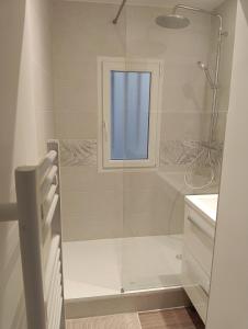 a bathroom with a glass shower with a window at Centre Chambéry - Parking gratuit - tout inclus in Chambéry +3 photos