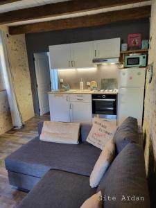 un soggiorno con divano blu in cucina di Le Gite Aïdan a La Puye