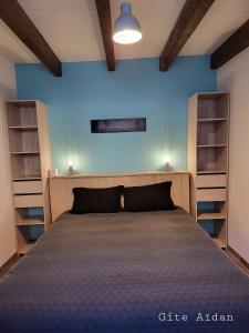 una camera da letto con un letto con pareti e scaffali blu di Le Gite Aïdan a La Puye