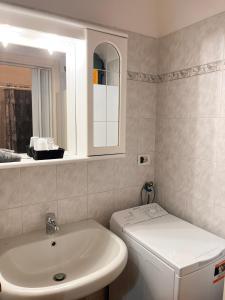 un bagno con lavandino, WC e specchio di porta merlonia house grazioso monolocale a Forlì Altre 27 foto