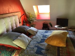a bedroom with a bed with pillows on it at Le petit secret au pied du zoo in Saint-Aignan