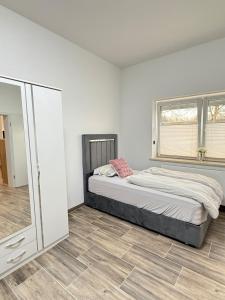 Schlafzimmer mit einem Bett und einem Spiegel in der Unterkunft Moderner Neubau nähe Lübeck in Stockelsdorf